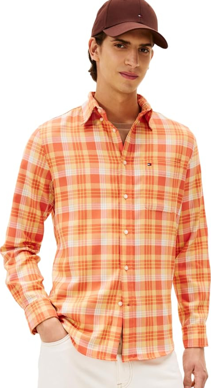 NWT Tommy Hilfiger Mens Button Down Shirt XXL Brilliant Orange Check Long Sleeve